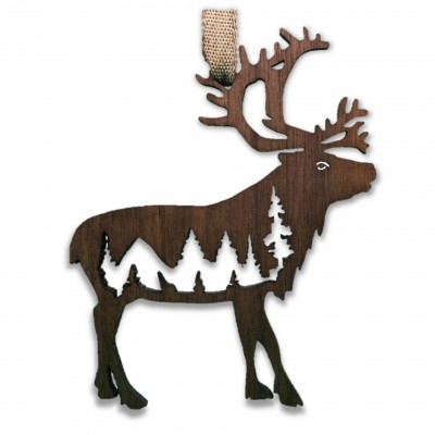 Reindeer Landscape Style Ornament  - Black Walnut Wood - 96x115x6mm - Made in Quebec